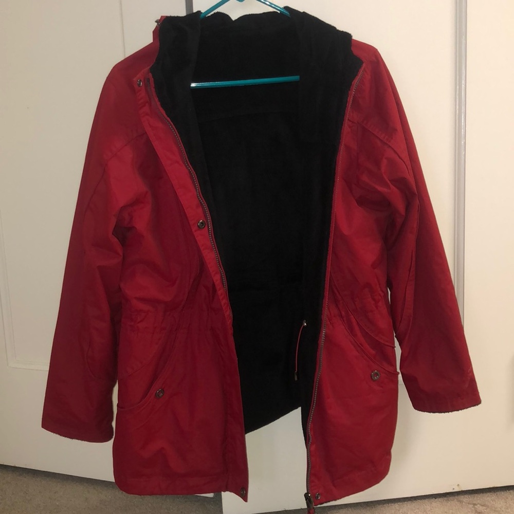 MACYS red rain coat lined w thermal fabric